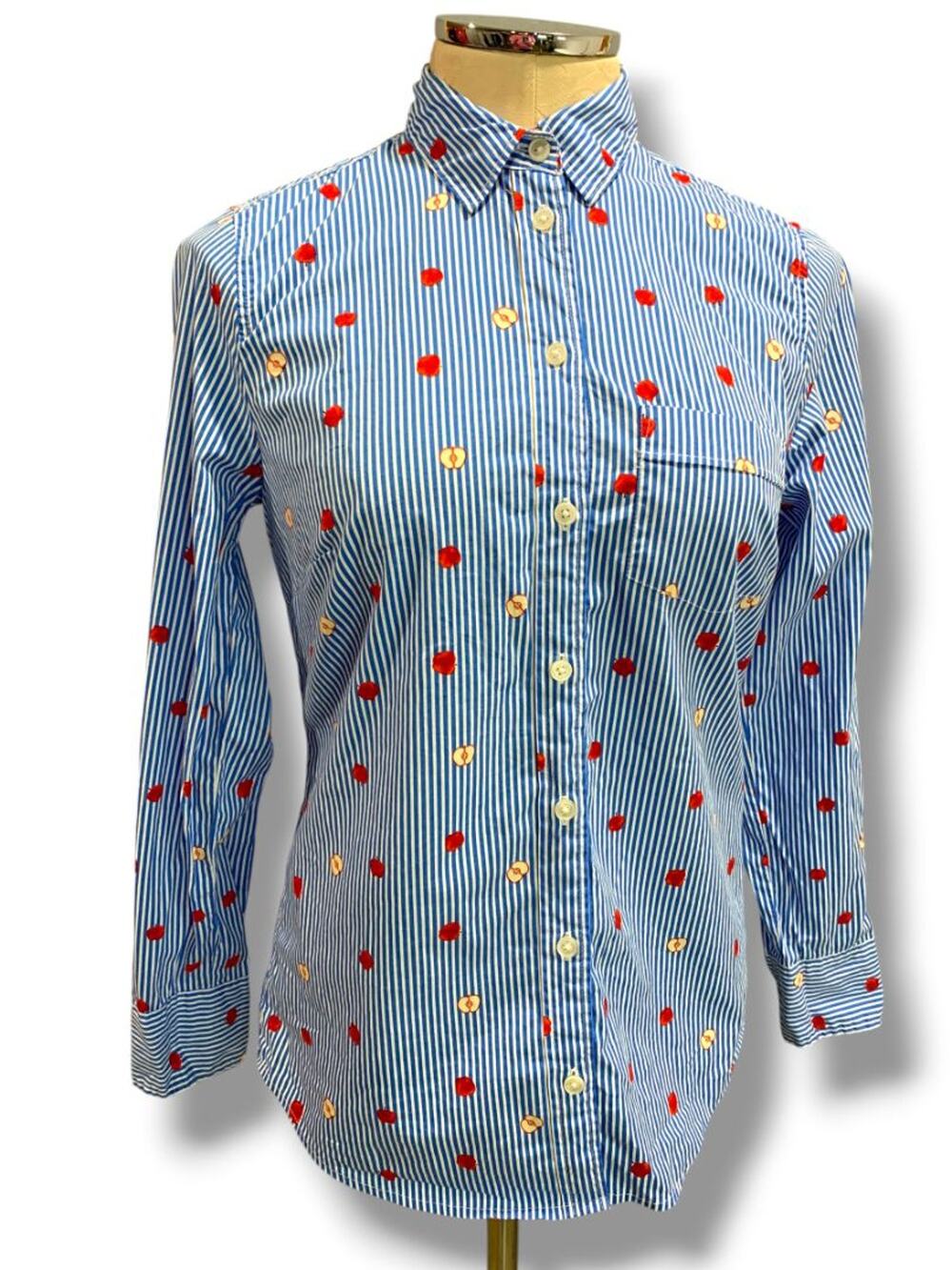 Size XS J.Crew Womens Cotton Poplin Button Up Shirt Apple Print Striped BK577